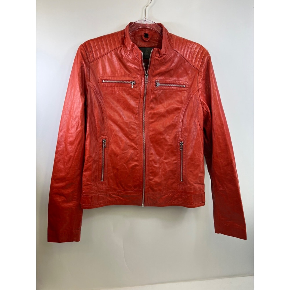 Rudsak Ateliernoir Division Orange Leather Jacket Silver Zippers Womens Size G/L